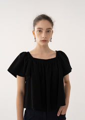Linen Blouse with Ruffled Square Neckline and Flared Sleeves for Elegant Draped Silhouette