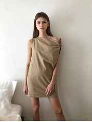 One-Shoulder Asymmetric Linen Mini Dress with Bow Detail and Side Pocket