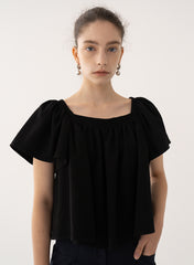 Linen Blouse with Ruffled Square Neckline and Flared Sleeves for Elegant Draped Silhouette