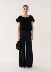 Linen Blouse with Ruffled Square Neckline and Flared Sleeves for Elegant Draped Silhouette