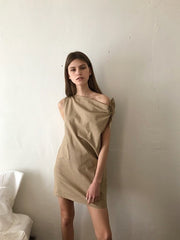 One-Shoulder Asymmetric Linen Mini Dress with Bow Detail and Side Pocket