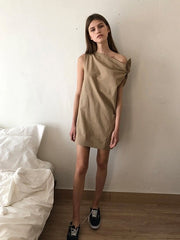 One-Shoulder Asymmetric Linen Mini Dress with Bow Detail and Side Pocket