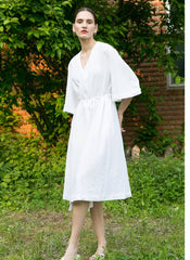Wrap-Front Linen Midi Dress with Waist Tie and Wide Sleeves for Effortless Feminine Style
