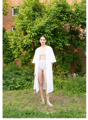 Wrap-Front Linen Midi Dress with Waist Tie and Wide Sleeves for Effortless Feminine Style