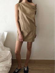 One-Shoulder Asymmetric Linen Mini Dress with Bow Detail and Side Pocket