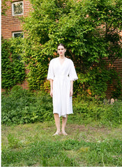 Wrap-Front Linen Midi Dress with Waist Tie and Wide Sleeves for Effortless Feminine Style