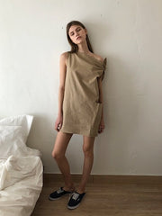 One-Shoulder Asymmetric Linen Mini Dress with Bow Detail and Side Pocket