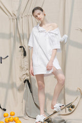 Off Shoulder Linen Midi Dress with Shirred Bodice and Button Front Design for Women