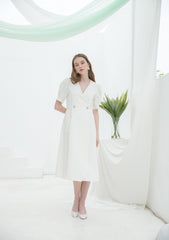 Linen Midi Dress with Puff Sleeves and Double-Breasted Waist Detail for Elegant Summer Wear