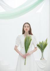 Linen Midi Dress with Puff Sleeves and Double-Breasted Waist Detail for Elegant Summer Wear