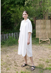 Relaxed Fit Button-Front Linen Shirt Dress with Collared Neckline and Side Pockets