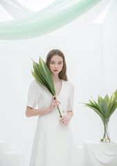 Linen Midi Dress with Puff Sleeves and Double-Breasted Waist Detail for Elegant Summer Wear