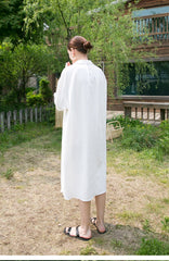 Relaxed Fit Button-Front Linen Shirt Dress with Collared Neckline and Side Pockets