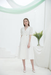 Linen Midi Dress with Puff Sleeves and Double-Breasted Waist Detail for Elegant Summer Wear