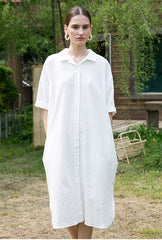 Relaxed Fit Button-Front Linen Shirt Dress with Collared Neckline and Side Pockets