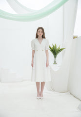 Linen Midi Dress with Puff Sleeves and Double-Breasted Waist Detail for Elegant Summer Wear