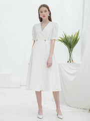 Linen Midi Dress with Puff Sleeves and Double-Breasted Waist Detail for Elegant Summer Wear