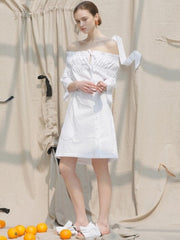 Off Shoulder Linen Midi Dress with Shirred Bodice and Button Front Design for Women