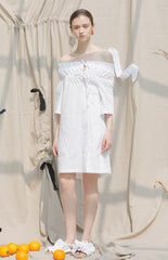 Off Shoulder Linen Midi Dress with Shirred Bodice and Button Front Design for Women