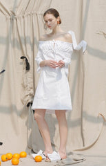 Off Shoulder Linen Midi Dress with Shirred Bodice and Button Front Design for Women