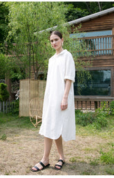 Relaxed Fit Button-Front Linen Shirt Dress with Collared Neckline and Side Pockets