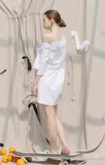 Off Shoulder Linen Midi Dress with Shirred Bodice and Button Front Design for Women