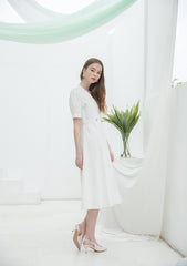 Linen Midi Dress with Puff Sleeves and Double-Breasted Waist Detail for Elegant Summer Wear