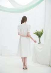 Linen Midi Dress with Puff Sleeves and Double-Breasted Waist Detail for Elegant Summer Wear