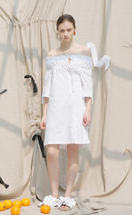 Off Shoulder Linen Midi Dress with Shirred Bodice and Button Front Design for Women