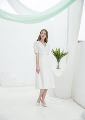Linen Midi Dress with Puff Sleeves and Double-Breasted Waist Detail for Elegant Summer Wear