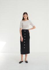 High-Waisted Linen Midi Skirt with Front Button Detail and Back Vent for Everyday Elegance