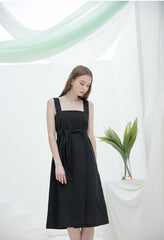 Sleeveless Linen Midi Dress with Square Neckline and Waist Tie for Modern Feminine Silhouette