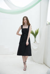 Sleeveless Linen Midi Dress with Square Neckline and Waist Tie for Modern Feminine Silhouette