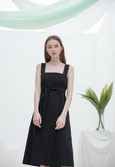 Sleeveless Linen Midi Dress with Square Neckline and Waist Tie for Modern Feminine Silhouette