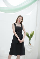 Sleeveless Linen Midi Dress with Square Neckline and Waist Tie for Modern Feminine Silhouette