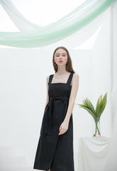 Sleeveless Linen Midi Dress with Square Neckline and Waist Tie for Modern Feminine Silhouette