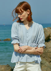 V-Neck Linen Blouse With Puff Sleeves And Waist Tie Detail