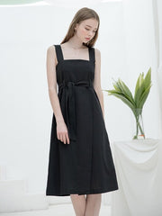 Sleeveless Linen Midi Dress with Square Neckline and Waist Tie for Modern Feminine Silhouette