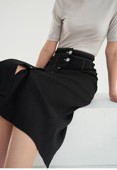 High-Waisted Linen Midi Skirt with Front Button Detail and Back Vent for Everyday Elegance