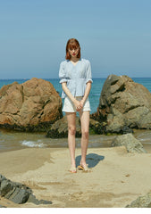 V-Neck Linen Blouse With Puff Sleeves And Waist Tie Detail