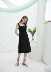 Sleeveless Linen Midi Dress with Square Neckline and Waist Tie for Modern Feminine Silhouette