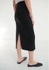 High-Waisted Linen Midi Skirt with Front Button Detail and Back Vent for Everyday Elegance
