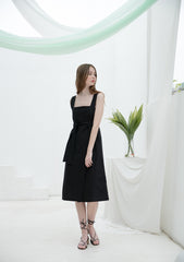 Sleeveless Linen Midi Dress with Square Neckline and Waist Tie for Modern Feminine Silhouette