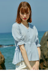 V-Neck Linen Blouse With Puff Sleeves And Waist Tie Detail