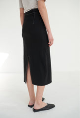 High-Waisted Linen Midi Skirt with Front Button Detail and Back Vent for Everyday Elegance