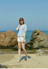 V-Neck Linen Blouse With Puff Sleeves And Waist Tie Detail