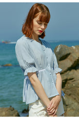 V-Neck Linen Blouse With Puff Sleeves And Waist Tie Detail