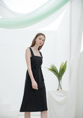 Sleeveless Linen Midi Dress with Square Neckline and Waist Tie for Modern Feminine Silhouette