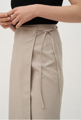 High-Waisted Wrap Front Midi Skirt in Lightweight Linen Blend with Back Vent Detail
