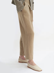 High-Waisted Pleated Linen Pants with Tapered Leg and Cuffed Hem